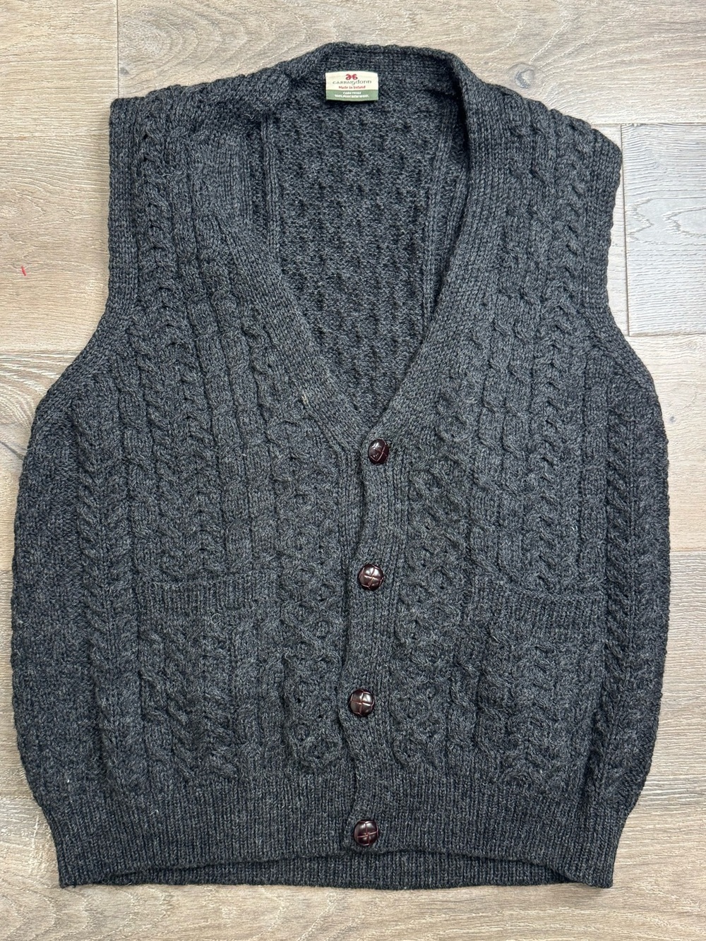100% Wool made in Ireland Charcoal Cable Knit Vest -Sleeveless Button Front 1081
